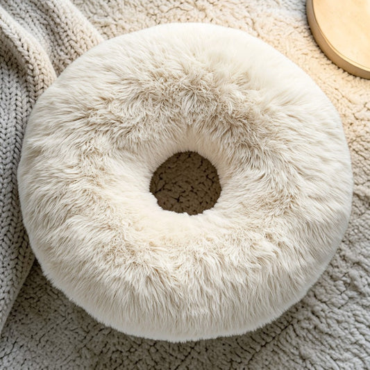 Zozze Ultra-Soft Calming Shag Dog Bed - XL 35" - Anxiety Relief Donut Design - Vegan Fur - Machine Washable - Cream White